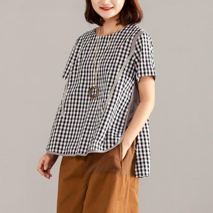 Women Gray Plaid Zipper Short Sleeve Summer Tops