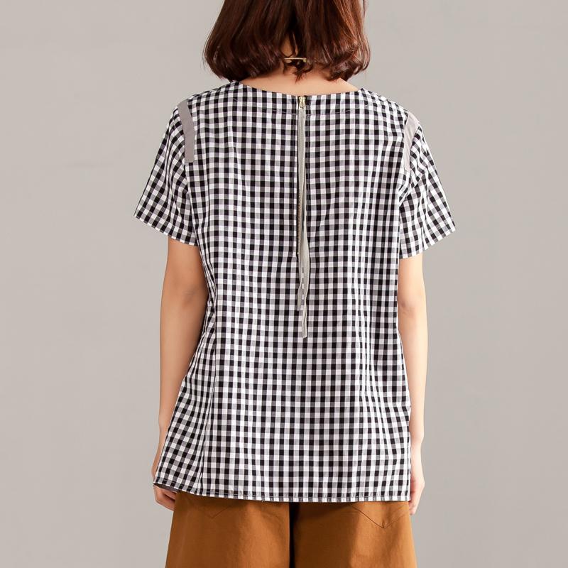 Women Gray Plaid Zipper Short Sleeve Summer Tops