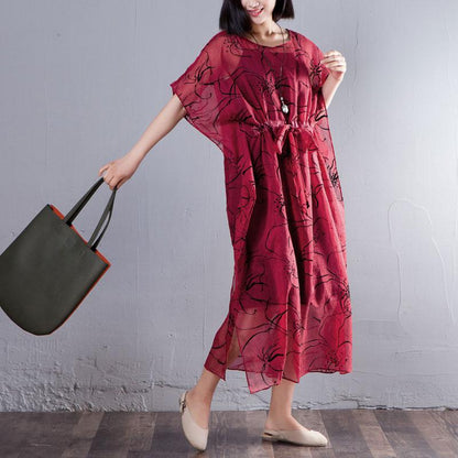 Spring Summer Round Neck Short Sleeve Printed Red Dress