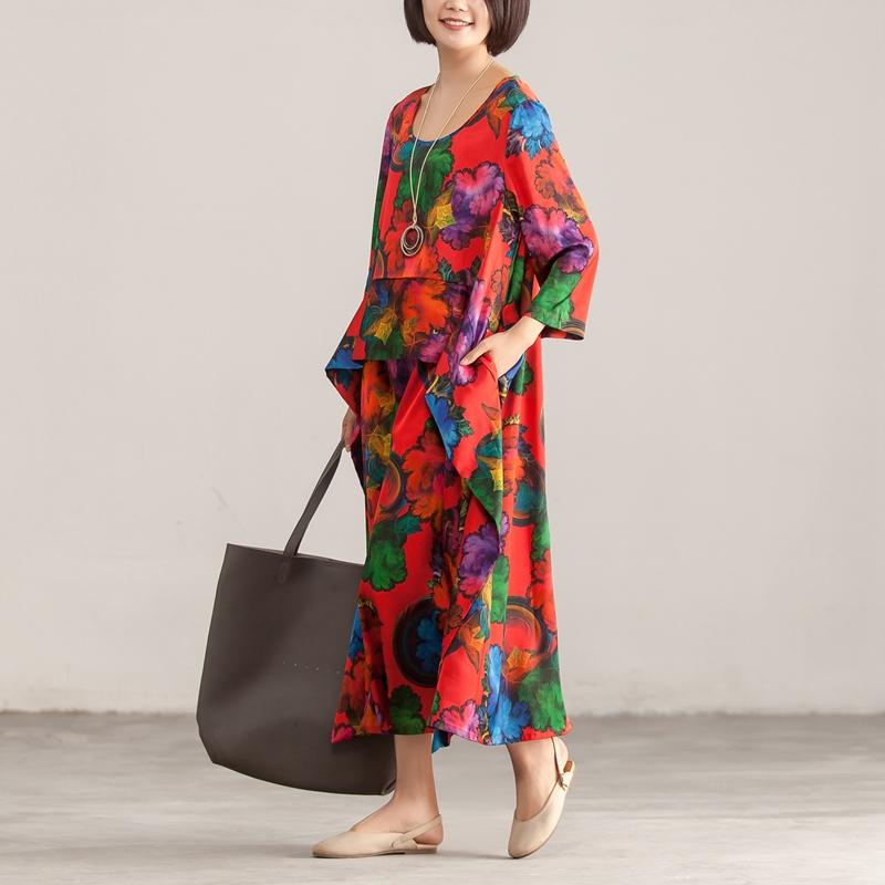 Round Neck Three Quarter Sleeve Colorful Printed Dress