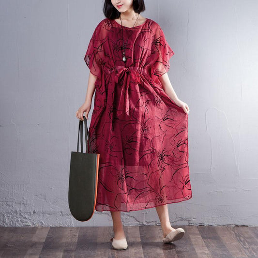 Spring Summer Round Neck Short Sleeve Printed Red Dress