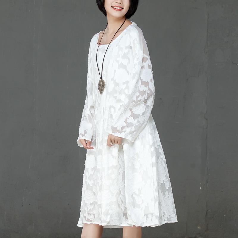 Loose Women Spring Round Neck Long Sleeve White Dress