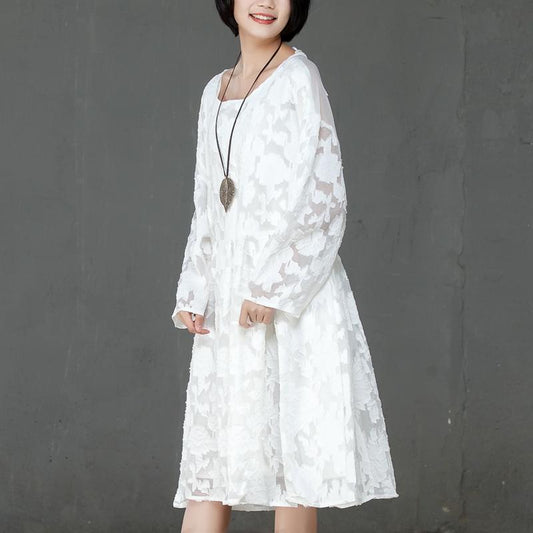 Loose Women Spring Round Neck Long Sleeve White Dress