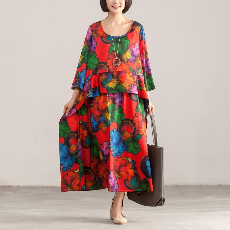Round Neck Three Quarter Sleeve Colorful Printed Dress