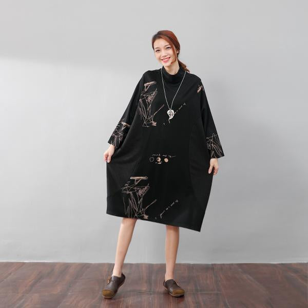 Semi-High Collar Loose Long Sleeve Printing Pockets Dress