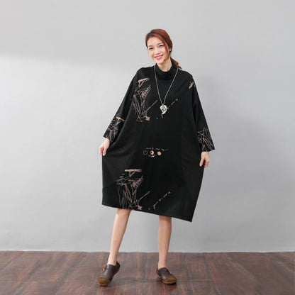 Semi-High Collar Loose Long Sleeve Printing Pockets Dress