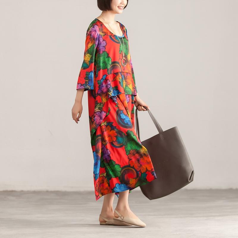 Round Neck Three Quarter Sleeve Colorful Printed Dress