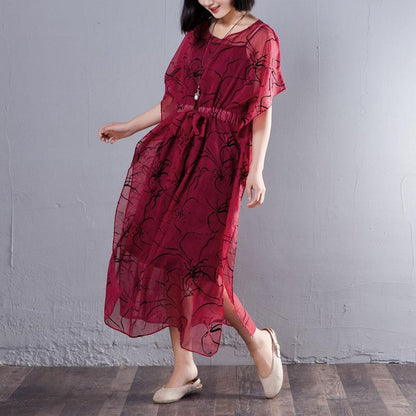 Spring Summer Round Neck Short Sleeve Printed Red Dress