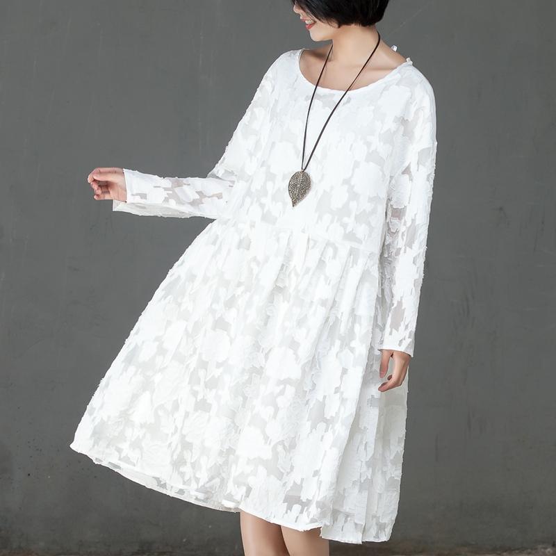 Loose Women Spring Round Neck Long Sleeve White Dress