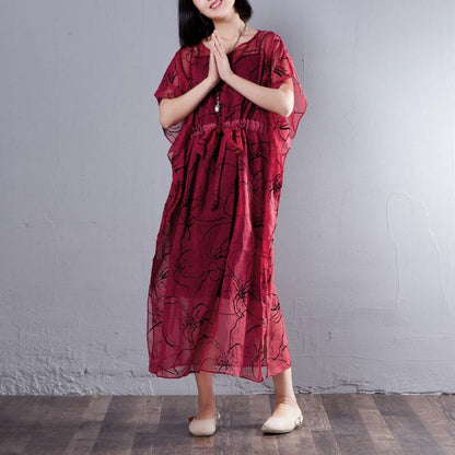 Spring Summer Round Neck Short Sleeve Printed Red Dress