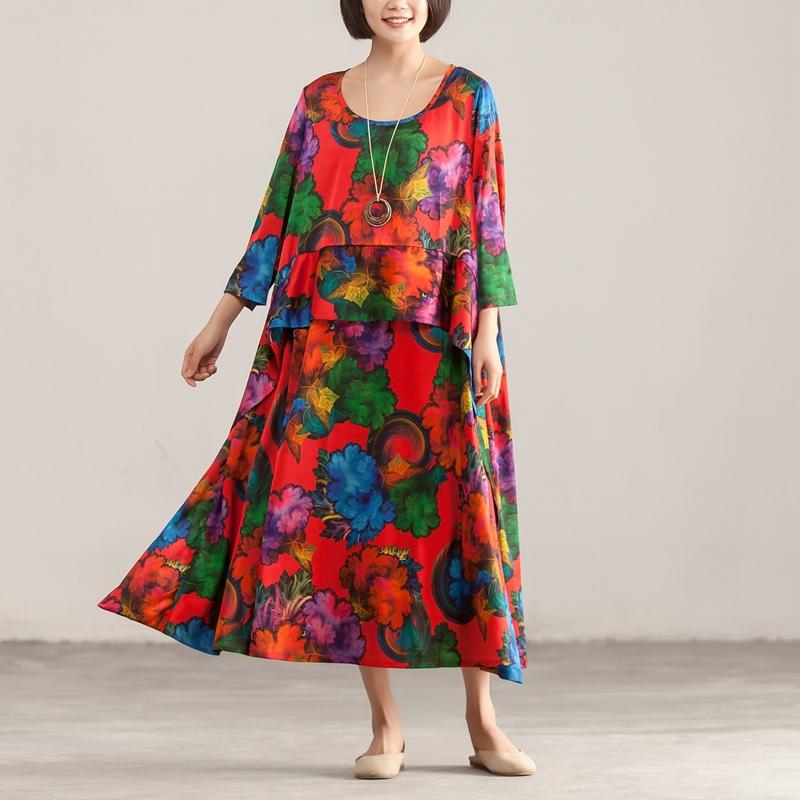 Round Neck Three Quarter Sleeve Colorful Printed Dress
