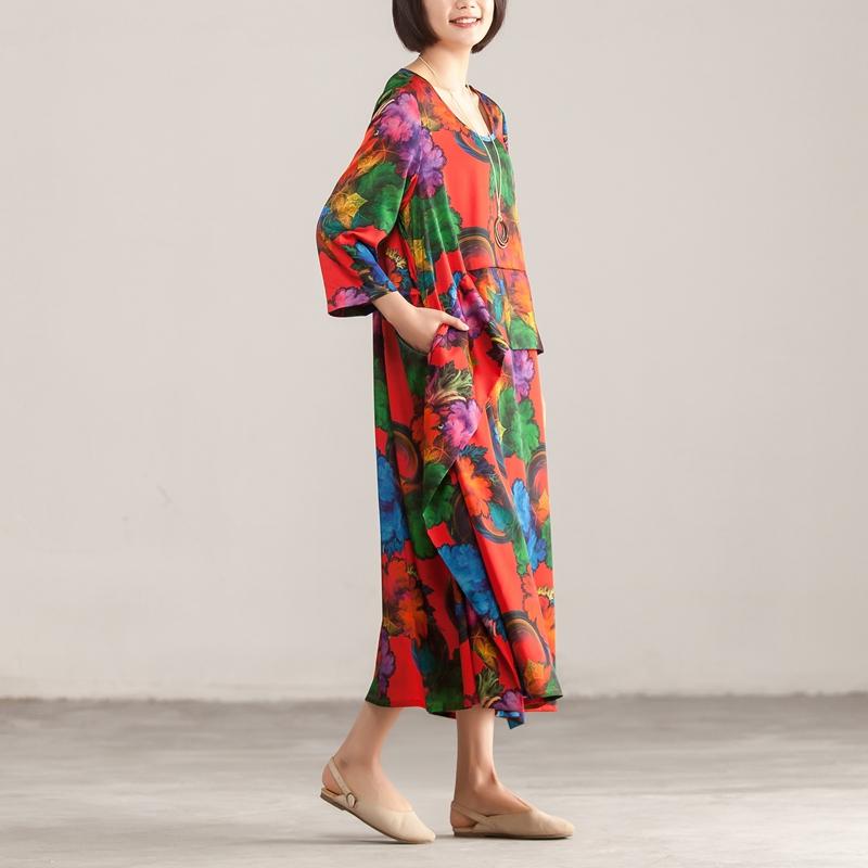 Round Neck Three Quarter Sleeve Colorful Printed Dress