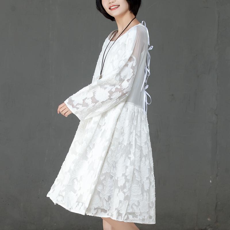 Loose Women Spring Round Neck Long Sleeve White Dress
