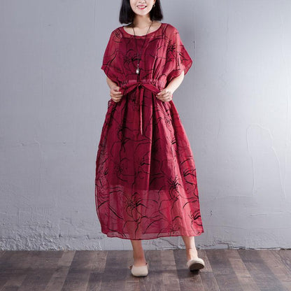 Spring Summer Round Neck Short Sleeve Printed Red Dress