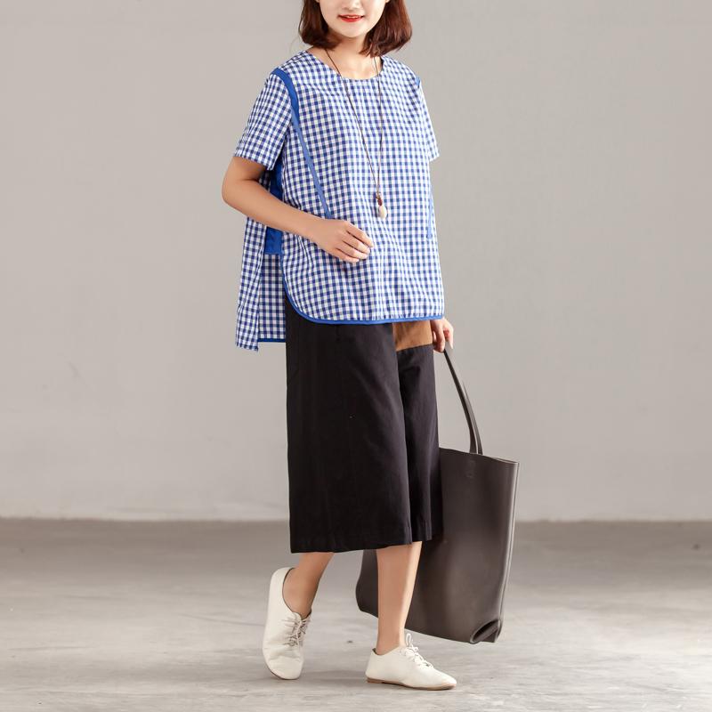 Women Blue Plaid Zipper Short Sleeve Summer Tops