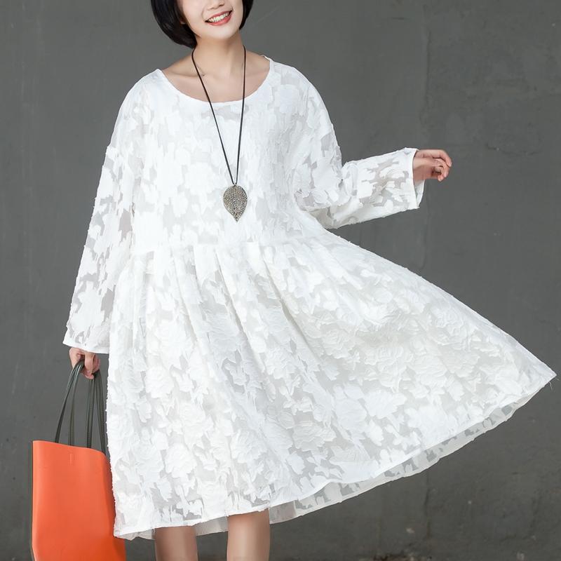 Loose Women Spring Round Neck Long Sleeve White Dress