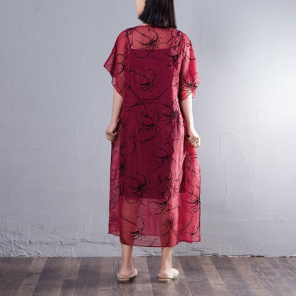 Spring Summer Round Neck Short Sleeve Printed Red Dress