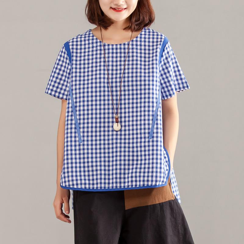 Women Blue Plaid Zipper Short Sleeve Summer Tops