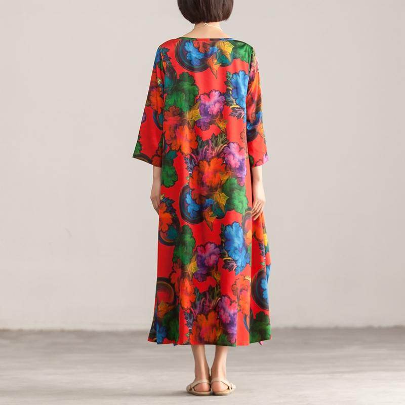 Round Neck Three Quarter Sleeve Colorful Printed Dress
