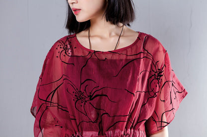 Spring Summer Round Neck Short Sleeve Printed Red Dress