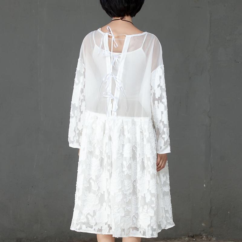 Loose Women Spring Round Neck Long Sleeve White Dress