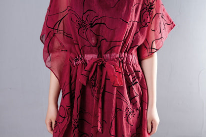 Spring Summer Round Neck Short Sleeve Printed Red Dress