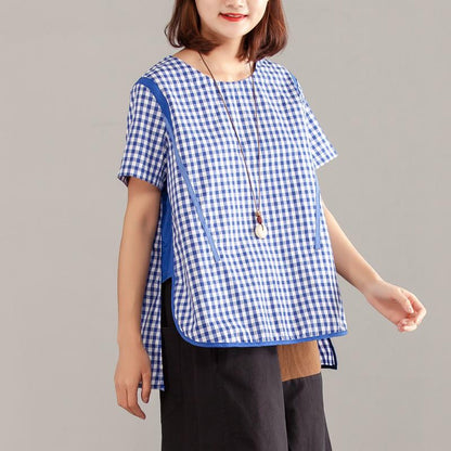 Women Blue Plaid Zipper Short Sleeve Summer Tops