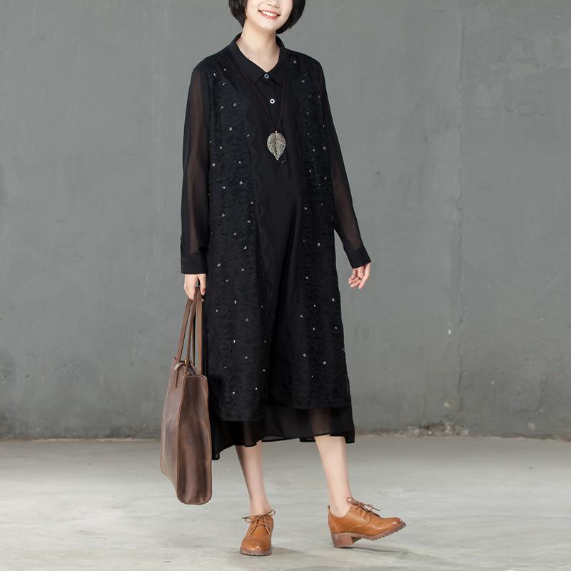 Spring Polo Collar Long Sleeve Women Black Dress