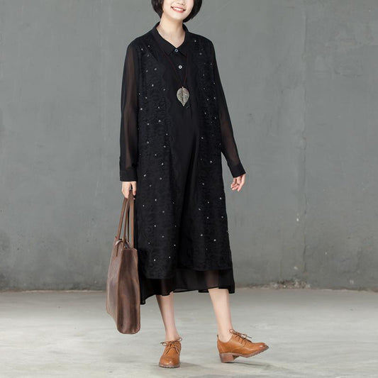 Spring Polo Collar Long Sleeve Women Black Dress