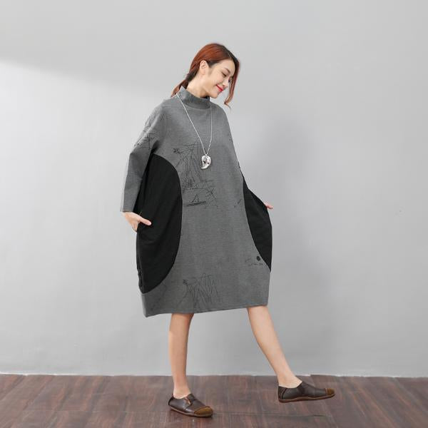 Semi-High Collar Loose Long Sleeve Printing Pockets Dress