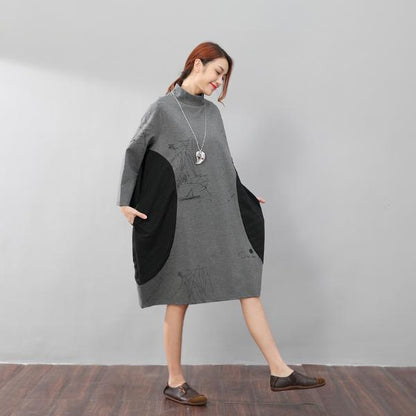 Semi-High Collar Loose Long Sleeve Printing Pockets Dress