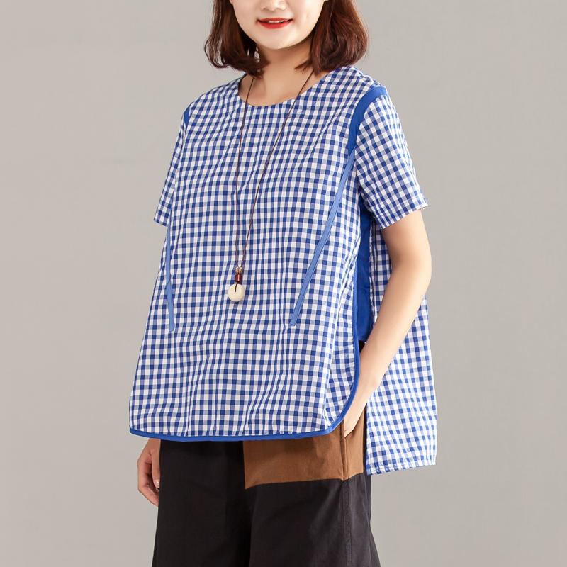 Women Blue Plaid Zipper Short Sleeve Summer Tops