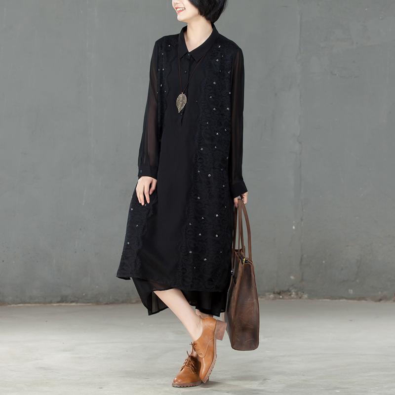 Spring Polo Collar Long Sleeve Women Black Dress