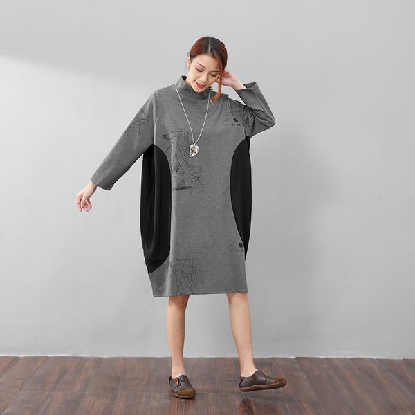 Semi-High Collar Loose Long Sleeve Printing Pockets Dress