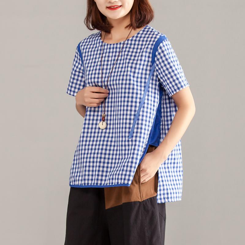 Women Blue Plaid Zipper Short Sleeve Summer Tops
