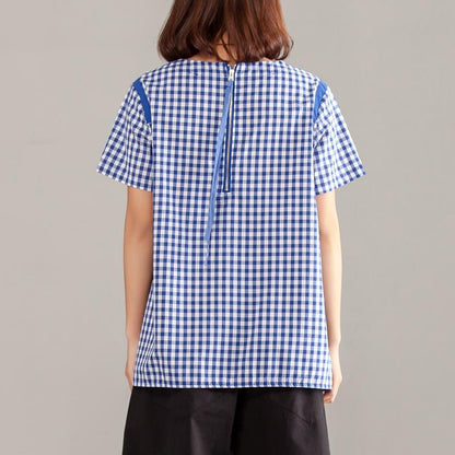 Women Blue Plaid Zipper Short Sleeve Summer Tops