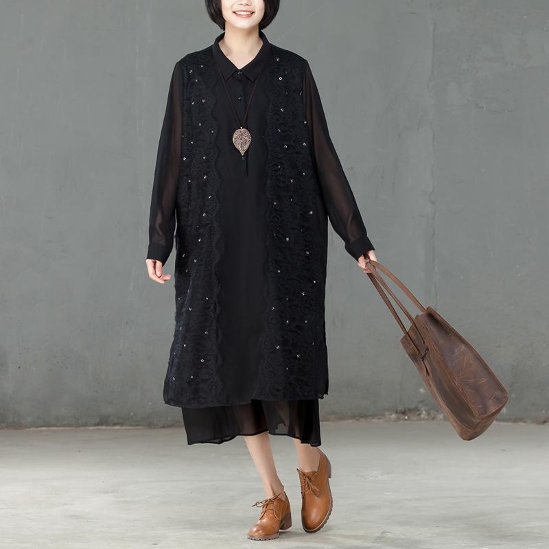 Spring Polo Collar Long Sleeve Women Black Dress