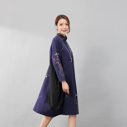Semi-High Collar Loose Long Sleeve Printing Pockets Dress