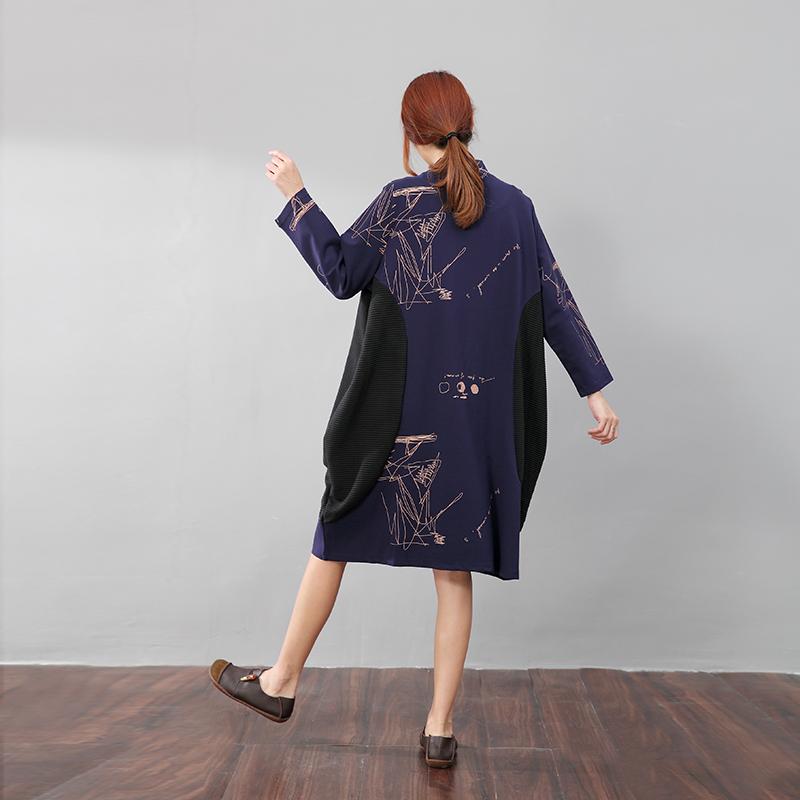Semi-High Collar Loose Long Sleeve Printing Pockets Dress