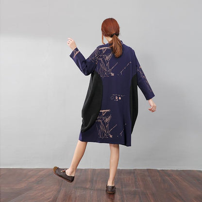 Semi-High Collar Loose Long Sleeve Printing Pockets Dress