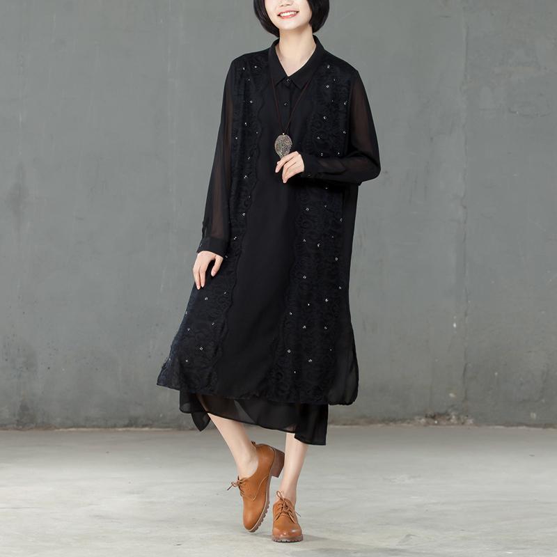 Spring Polo Collar Long Sleeve Women Black Dress