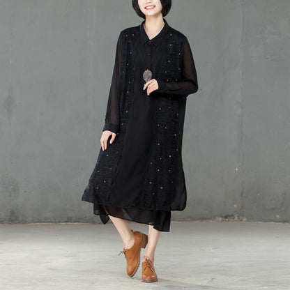 Spring Polo Collar Long Sleeve Women Black Dress