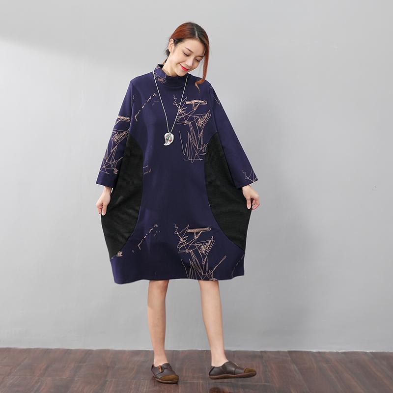 Semi-High Collar Loose Long Sleeve Printing Pockets Dress