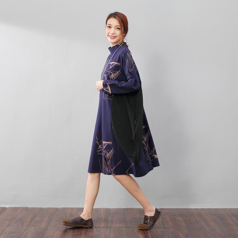 Semi-High Collar Loose Long Sleeve Printing Pockets Dress