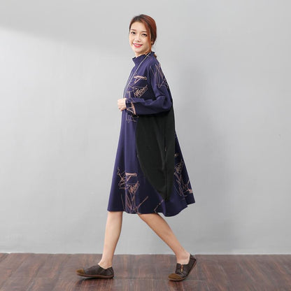Semi-High Collar Loose Long Sleeve Printing Pockets Dress