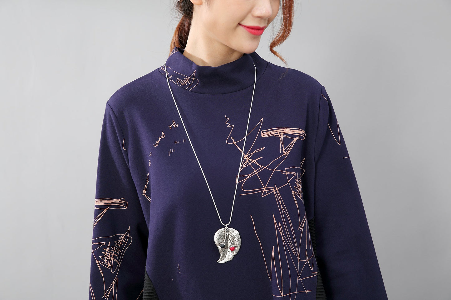 Semi-High Collar Loose Long Sleeve Printing Pockets Dress
