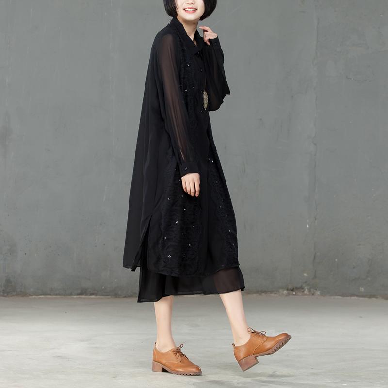 Spring Polo Collar Long Sleeve Women Black Dress