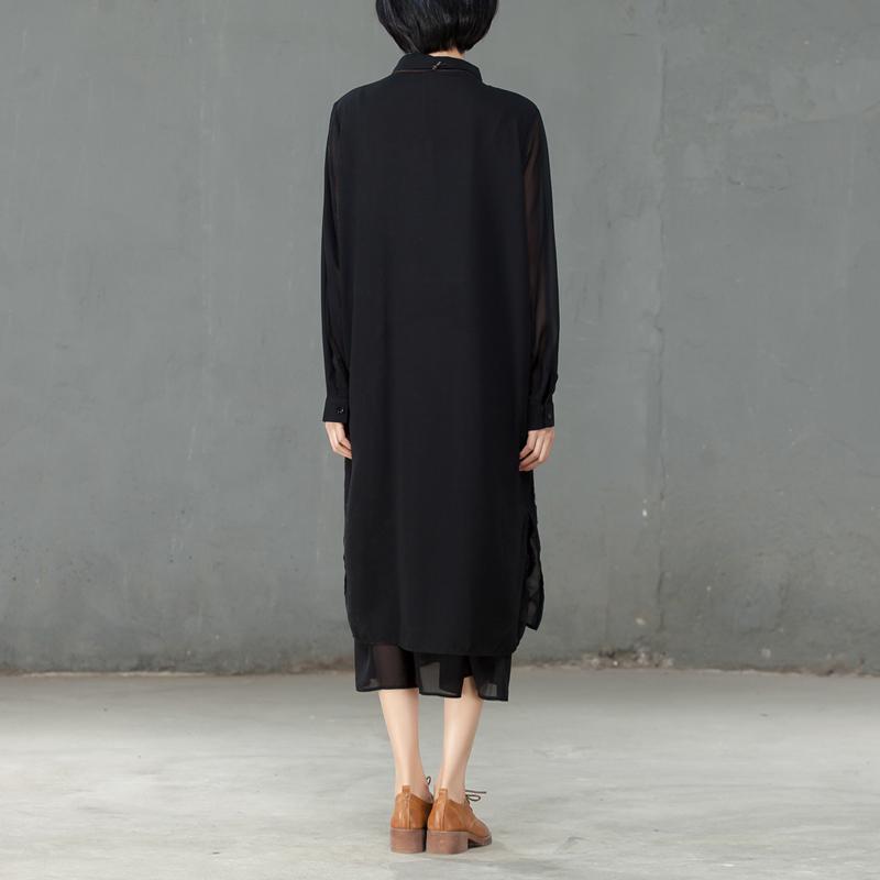 Spring Polo Collar Long Sleeve Women Black Dress