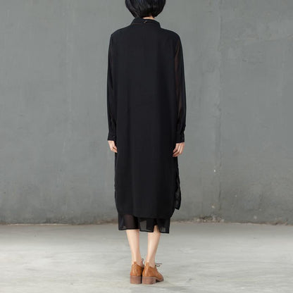 Spring Polo Collar Long Sleeve Women Black Dress