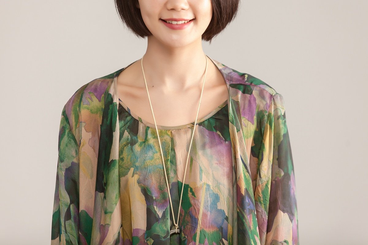 Two Piece Retro Printed Sleeveless Dress Cardigan Coat